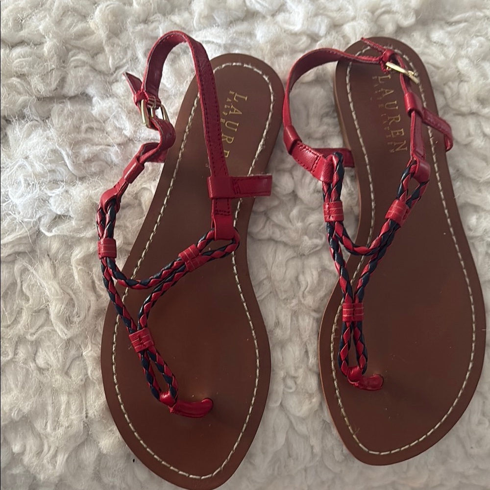 Ralph Lauren Red and Black T-Strap Sandals - Size 7.5